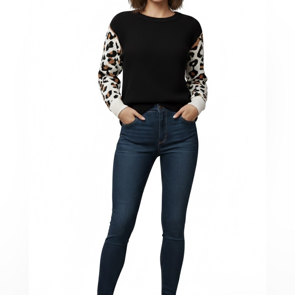 Angashion Women's Leopard Print Sleeve Sweater Black Crewneck Knit Top Size S